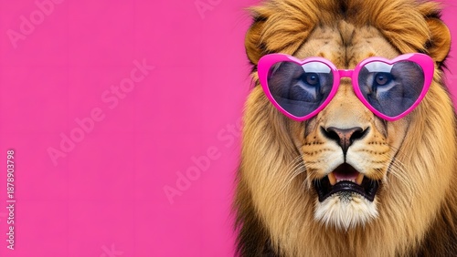 Lion wearing pink heart shaped sunglasses on pink background