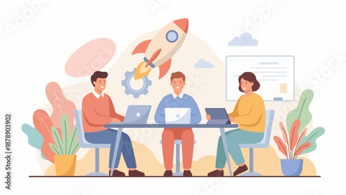 Startup Team Launching Business Project Illustration