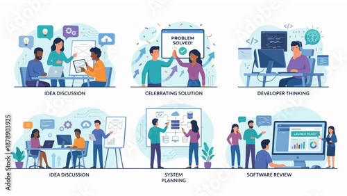 Set of 6 Business Team Collaboration and Software Development Vector Illustrations