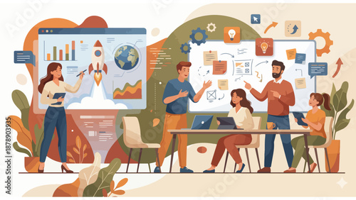 Business Team Brainstorming Startup Project with Data Analytics and Rocket Launch Illustration