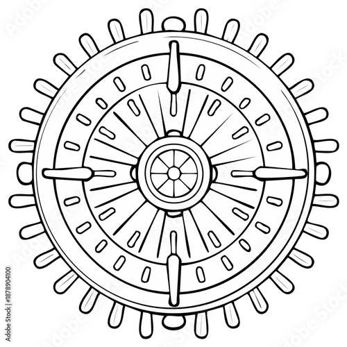Nautical Ship Steering Wheel Line Art Illustration Black and White Outline Drawing for Coloring