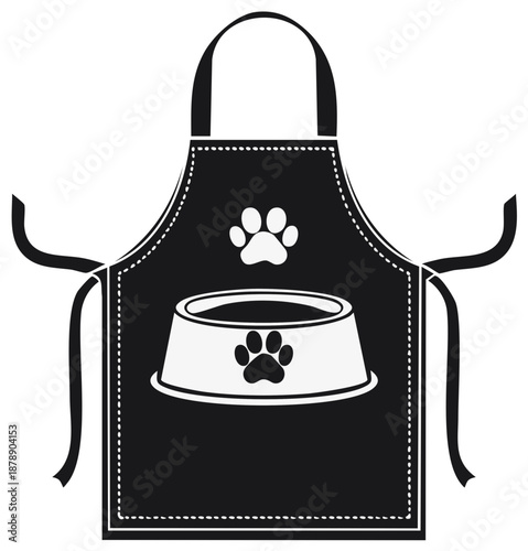 Black apron with paw print and pet food bowl graphic for pet lovers