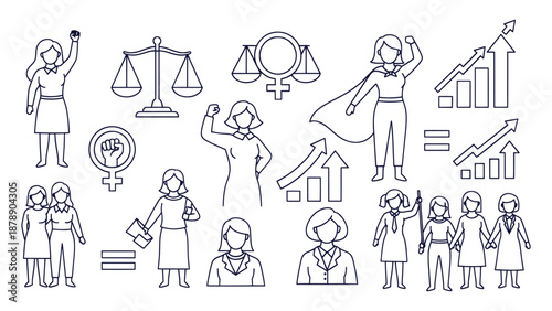 Women Empowerment and Gender Equality Line Icons Set Vector Illustration