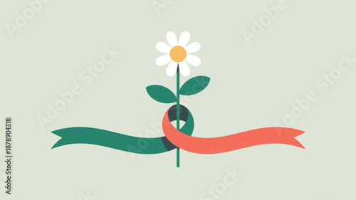 White daisy with green and red ribbons Vector