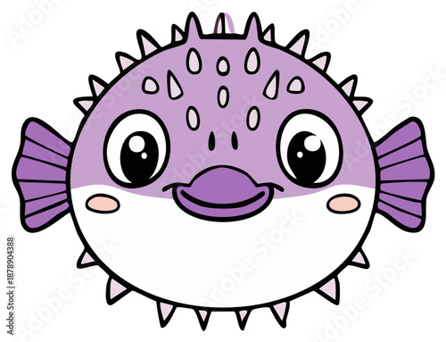 Cute purple cartoon pufferfish character with big eyes smiling isolated vector illustration