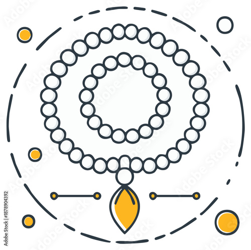 Elegant pearl necklace with a gold pendant icon. Stylish fashion jewelry line art illustration.