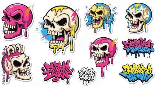 Vibrant Graffiti Skull Art Collection with Dripping Paint.