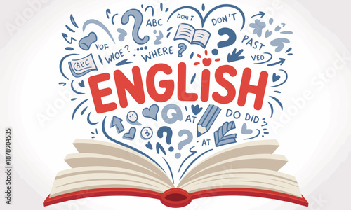 English language education concept with open book and abstract doodles featuring question marks arrows and words like where whoe do