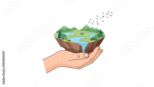 Vector illustration of a hand cradling a miniature landscape with a river, trees, and mountains, symbolizing World Wetlands Day and the importance of preserving natural earth environments.