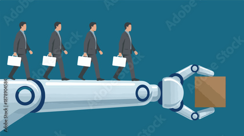 Workforce walking on robot arm, concept of automation in business