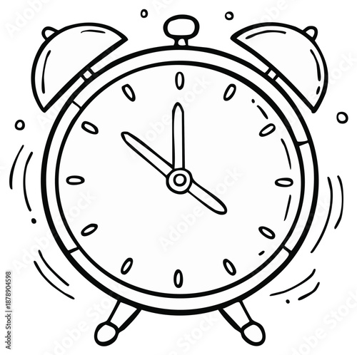Alarm clock ringing illustration, black and white outline, drawing