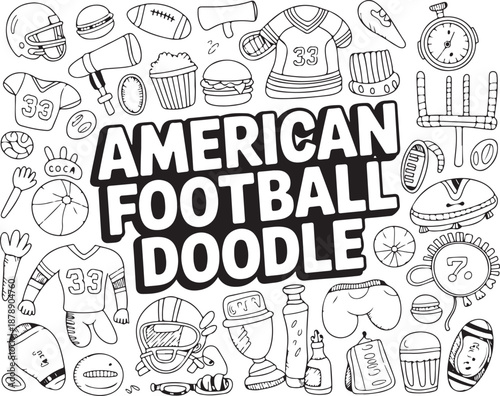 American football doodle collection of equipment icons jerseys helmets and trophies for sports background