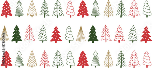Christmas tree pattern collection featuring colorful hand drawn evergreen shapes for festive winter holiday greeting card theme