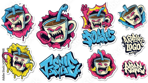 Collection of Graffiti Style Coffee Mugs with Monster Faces and Bold Lettering.