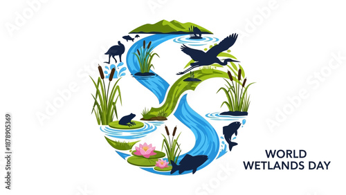 Illustration of World Wetlands Day with a vector graphic featuring a bird, tree, river, earth, and people, symbolizing the importance of wetlands and conservation.
