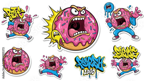 Angry pink donut characters with graffiti style text stickers.