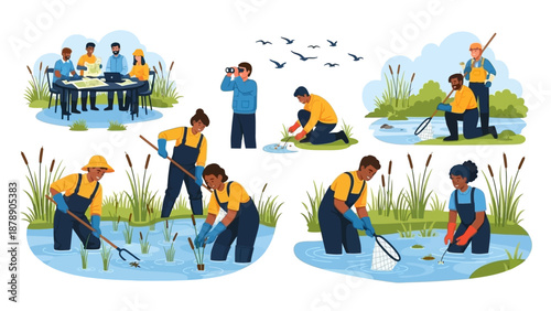 Illustration of people engaging in conservation activities on World Wetlands Day near a river with trees and birds, promoting earth preservation.