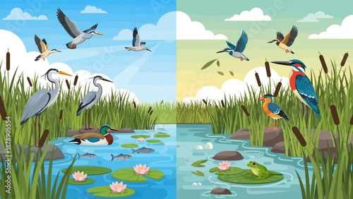 Vector illustration of diverse birds, people, and animals thriving in a serene river wetland ecosystem with trees and lush vegetation on World Wetlands Day.