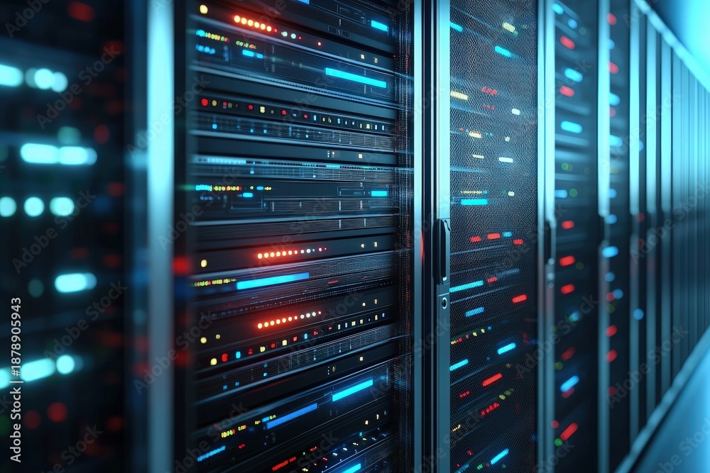 Naklejka premium Modern IT server racks inside enterprise data center with glowing network indicators and high density infrastructure, perfect for cloud computing, AI processing, and secure digital operations