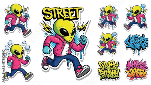 Alien character running in street style clothing with graffiti elements.
