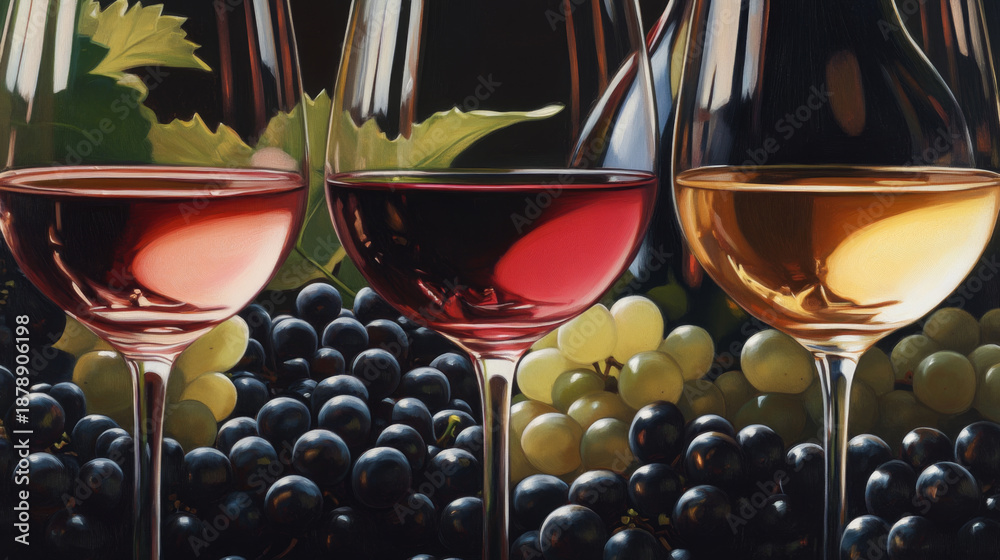 Obraz premium Vibrant display of wine glasses with grapes