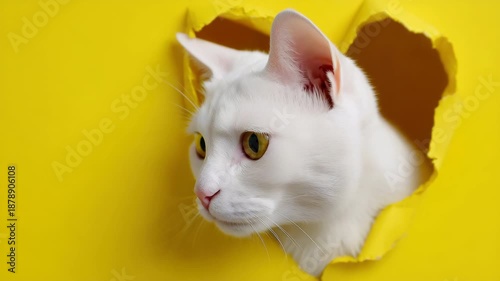 Curious white cat explores vibrant yellow background with playful movements
