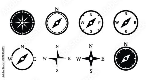 Collection of diverse compass icons and symbols depicting cardinal directions