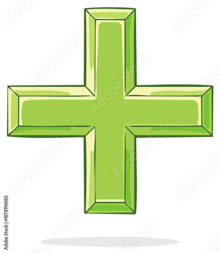 Bright Green Plus Symbol with a 3D Effect and Subtle Shading, Isolated on White Background
