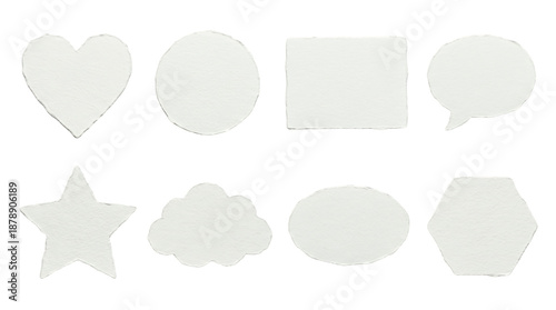 White paper shapes set including heart, circle, rectangle, speech bubble, star, cloud, oval, and hexagon isolated. Textured watercolor paper cutouts for craft and design.