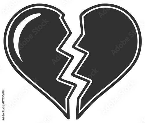 Stylized Graphic Illustration of a Heart Symbol Separated by a Jagged Crack. Simple. Sadness.