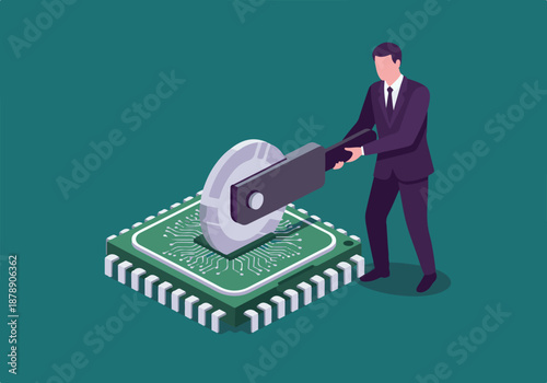 Businessman erasing or optimizing data on a microchip, digital cleanup concept