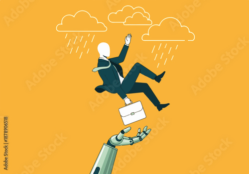 Robotic hand catching businessman in crisis under rainy clouds