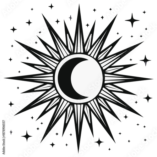 Celestial Sun with Moon Phases, Stars in Mystical Cosmic Vector Design