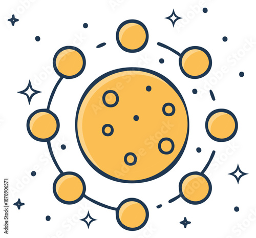 Abstract depiction of celestial bodies orbiting a large central planet in a stylized cosmic design