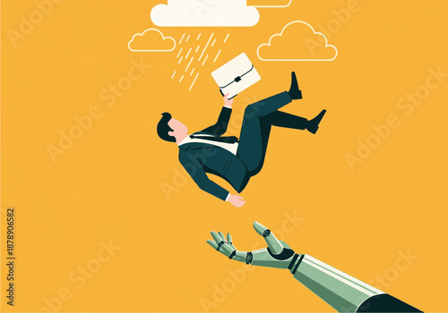 Businessman falling into robotic arm, symbolizing technological support