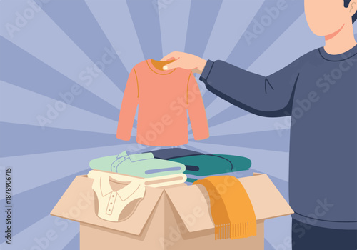 Hand putting clothing into a donation box for charity and social good