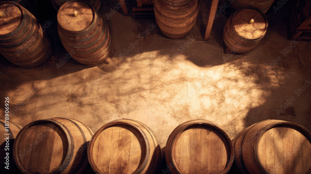 Obraz premium Sunlit Cellar with Stacked Wooden Wine Barrels