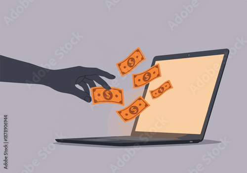 Cybercrime and online financial fraud concept with hand stealing money from laptop
