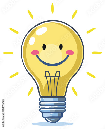 Cartoon light bulb with a smiling face and radiating light beams signifying an idea