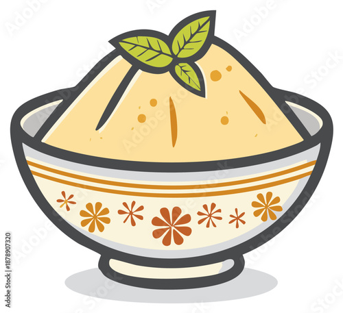 Creamy food puree in decorated bowl topped with mint illustration for cooking, food presentation