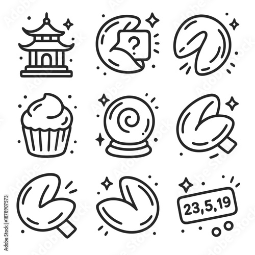 Fortune cookie predictions scene with pagoda cupcake crystal ball. Suitable for asian cuisine, fortune telling, and festive concept designs.