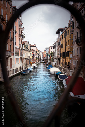 Narrow Venetian Canal with Boats (framed view)