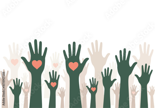 Group of raised hands with hearts symbolizing community, love, and support