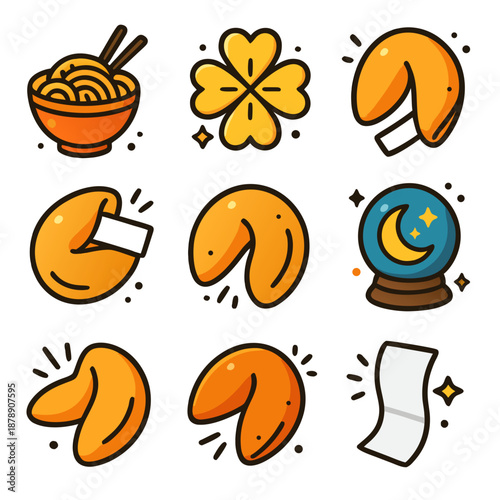 Fortune cookie imagery with noodles, clover, crystal ball, and fortunes. Ideal for chinese restaurants, fortune tellers, and new year themes.