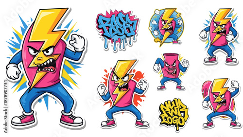 Angry Lightning Bolt Character Set Graffiti Style.