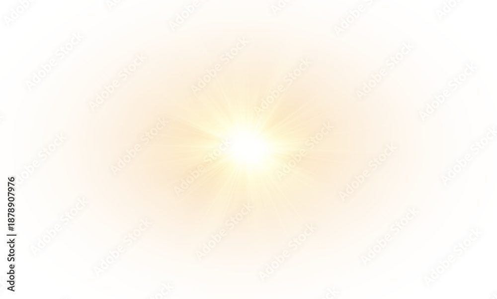 Fototapeta premium Yellow star flashed with sparkles sun isolated on white background. Soft glow without departing rays, sunlight with lens flare effect. PNG vector light effect