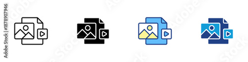 Media Data Multiple Style Icon Design Vector - Image and video files stacked together, representing multimedia storage, content handling, and digital assets