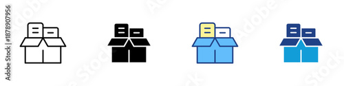 Move Preparation Multiple Style Icon Design Vector - Packed box with documents, representing relocation planning, transition, and readiness