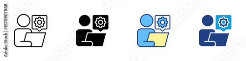 Onboarding Multiple Style Icon Design Vector - Person with laptop and gear symbol, representing employee integration, training process, and system setup