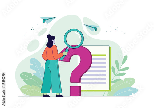 Woman with magnifying glass searching for answers and solving problems